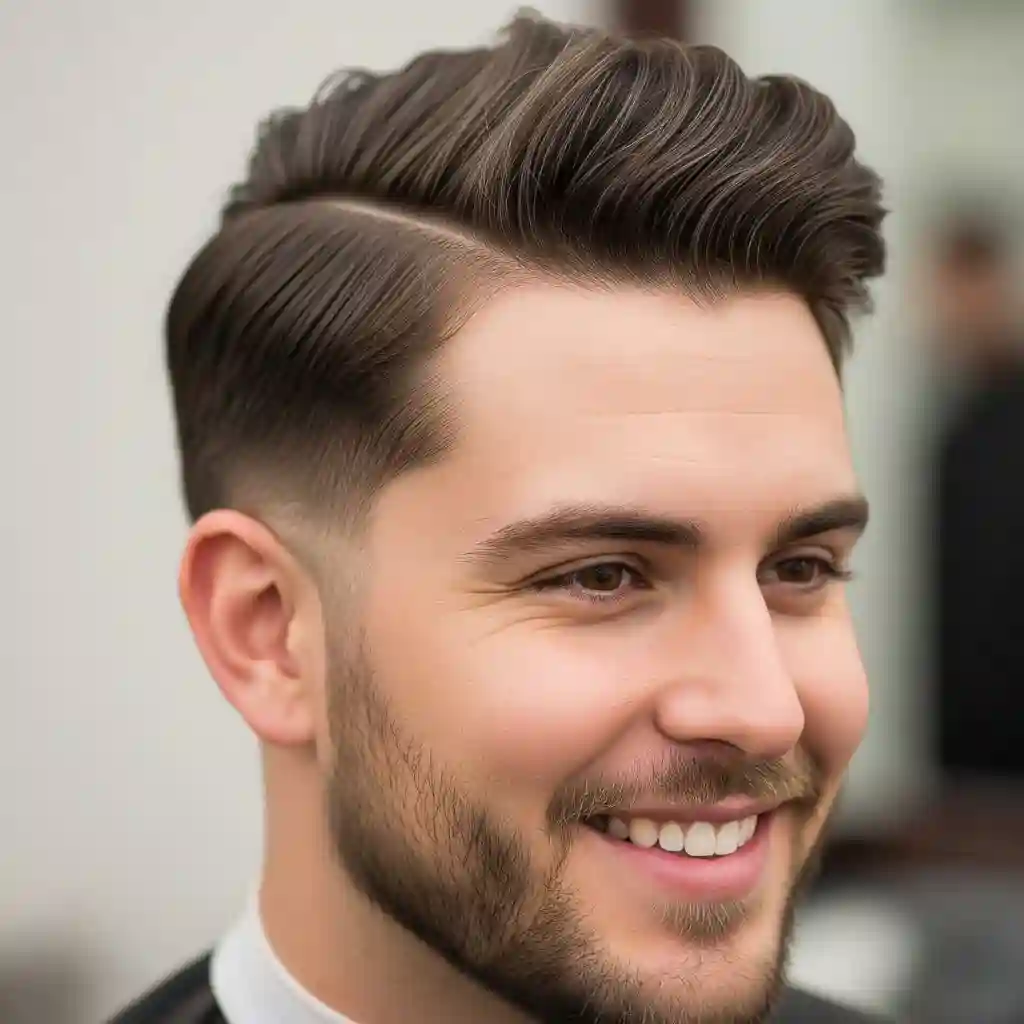 50+ Top Men Hairstyles for Round Face 3 A close-up of a stylish haircut featuring a slicked-back top and faded sides, ideal for men hairstyles for round face, set in a barbershop environment.