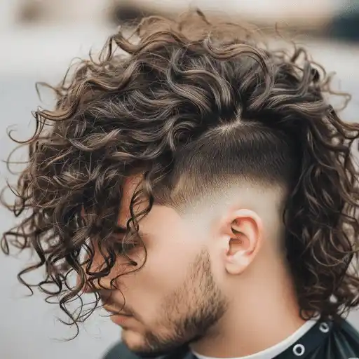 A person with voluminous, curly hair styled in a modern cut, showcasing a fade on the sides—an excellent example of thick hair for men—against a blurred outdoor background.