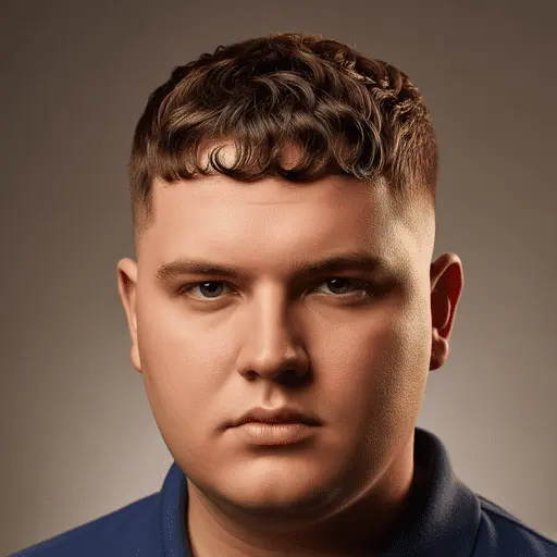 A close-up portrait of a person with stylish, short curly hair, showcasing one of the ideal men hairstyles for round face, wearing a dark blue polo shirt against a neutral background.
