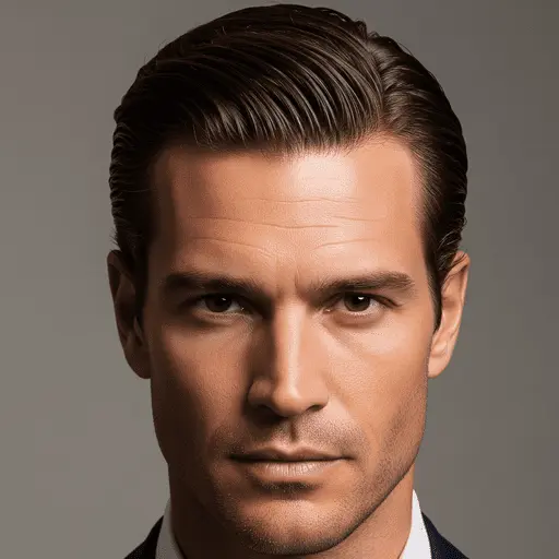 A man with a neatly styled men's medium length hairstyle, wearing a dark suit against a neutral gray background, exuding professionalism and sophistication.