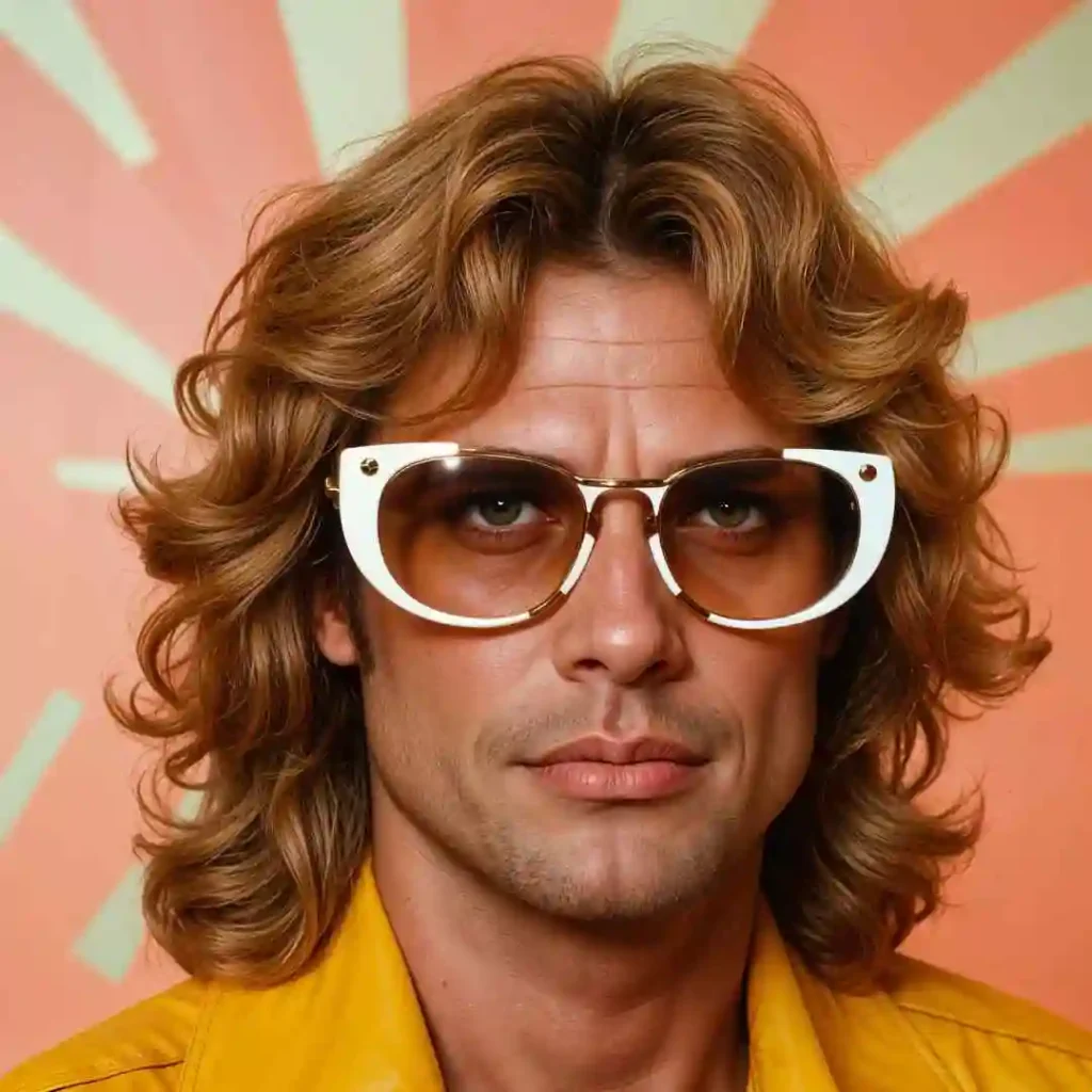 A person with curly, shoulder-length hair wearing white oversized sunglasses showcasing men hairstyles with glasses, set against a vibrant sunburst background.