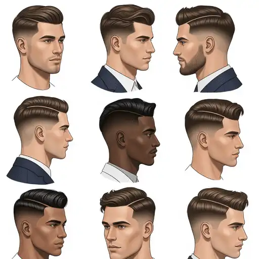 A grid of nine diverse men hairstyles for round face shapes, featuring varying lengths, textures, and styles, set against a white background.