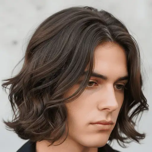 A close-up of a woman with wavy, chestnut brown hair styled in loose curls, used here to illustrate texture and styling ideas similar to a men's medium length hairstyle, against a blurred background.