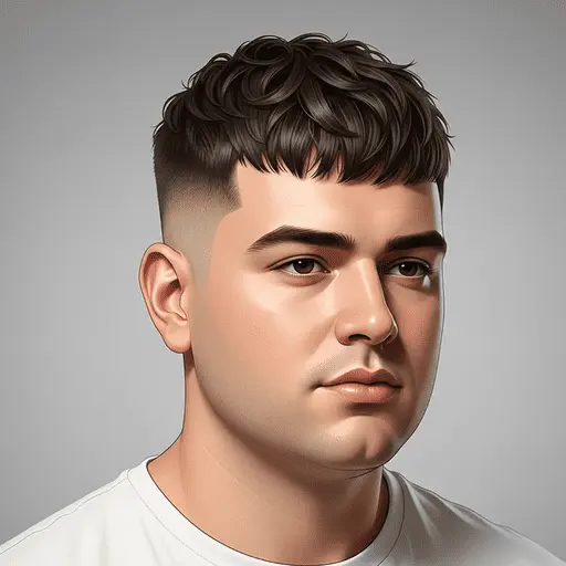 A young man with curly, dark brown hair styled atop his head, wearing a plain white shirt against a gray background, showcasing one of the modern men hairstyles for round face.