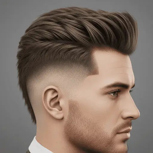 A stylish men's medium length hairstyle featuring textured, voluminous top hair and a clean fade on the sides, showcasing modern grooming.