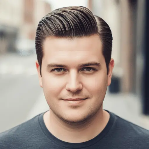 A young man with slicked-back hair, styled as one of the ideal men hairstyles for round face shapes, stands on a city street wearing a dark T-shirt, with an urban background blurred out.