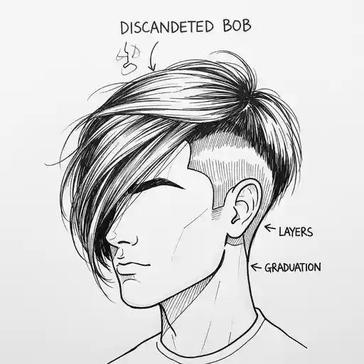 Illustration of a disconnected bob hairstyle, featuring layered front and graduated sides—an example of a men's medium length hairstyle that emphasizes textured cut and style details.