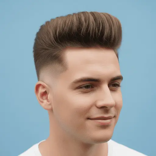 A young person with stylish, voluminous hair and a closely shaven haircut, showcasing one of the trending men hairstyles for round face, posed against a solid blue background.