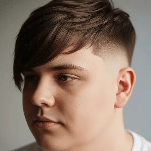 A close-up of a young person's head showcasing a stylish, layered haircut that complements men hairstyles for round face, with a light background emphasizing their youthful features.