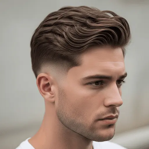 A young man with stylish, wavy brown hair and a faded undercut stands against a neutral background, showcasing a modern example of a men's medium length hairstyle
