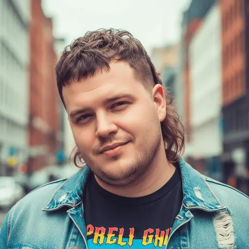 A person with curly hair styled in one of the trendy men hairstyles for round face, wearing a denim jacket and graphic t-shirt, standing on a city street with blurred buildings in the background.