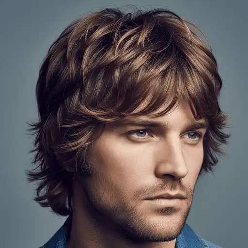 A close-up of a person with a tousled, wavy brown look, perfectly representing a men's medium length hairstyle, wearing a denim shirt against a softly lit, neutral background.