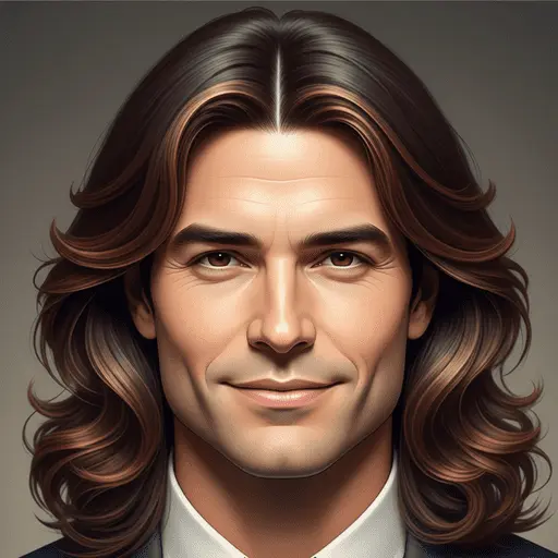 A person with long, wavy hair styled elegantly in one of the recommended men hairstyles for round face, wearing a dark suit against a smooth, neutral background.