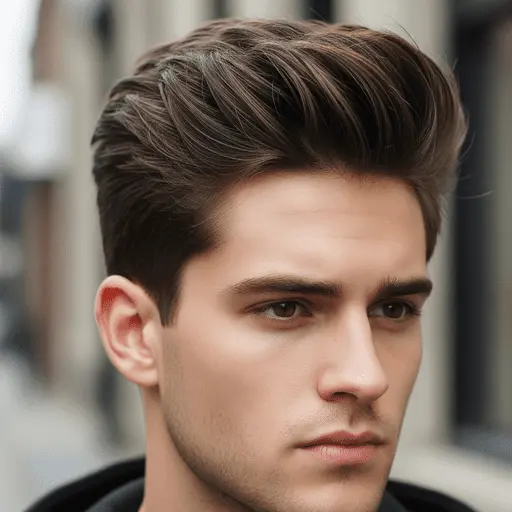 A young person with a stylish, voluminous brown men's medium length hairstyle stands outdoors, featuring a softly blurred urban background.