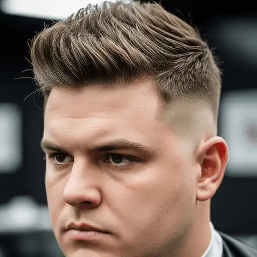 A close-up of a stylishly groomed hairstyle, showcasing textured layers and a fade cut designed to complement men hairstyles for round face, set against a sleek black barbershop background.
