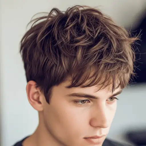 A young person with tousled, light brown hair is shown from behind, highlighting the natural texture and flow of a classic men's medium length hairstyle