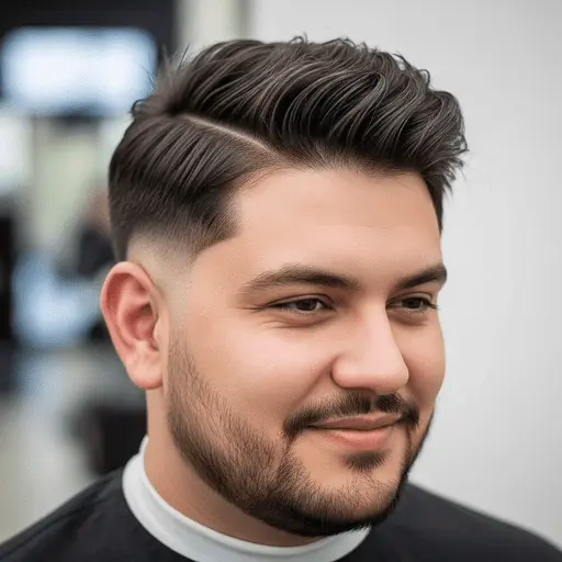 A close-up of a stylish haircut with textured, voluminous hair on top and a faded undercut, showcasing modern grooming and suitable men hairstyles for round face.