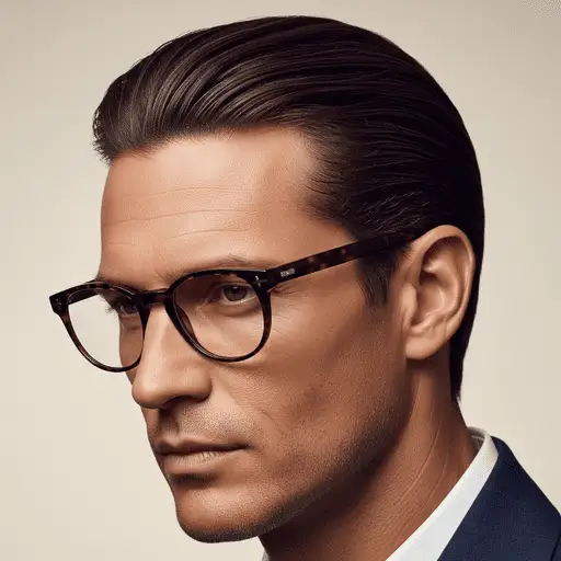 A close-up of an elegantly styled men's medium length hairstyle with a detail of the ear, set against a soft, neutral background.