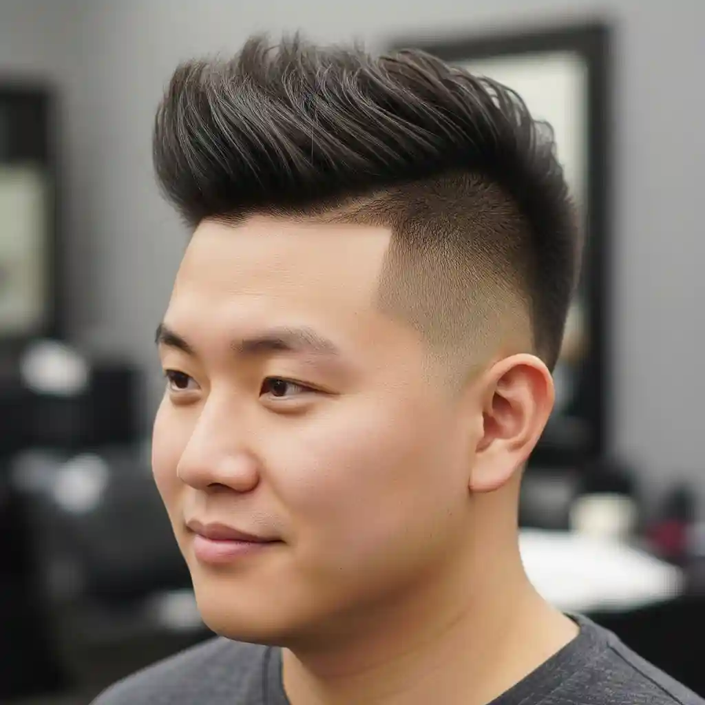 50+ Top Men Hairstyles for Round Face 4 A close-up of a stylish haircut featuring a voluminous top and a tapered fade on the sides, showcasing one of the modern men hairstyles for round face in a contemporary barber shop setting.