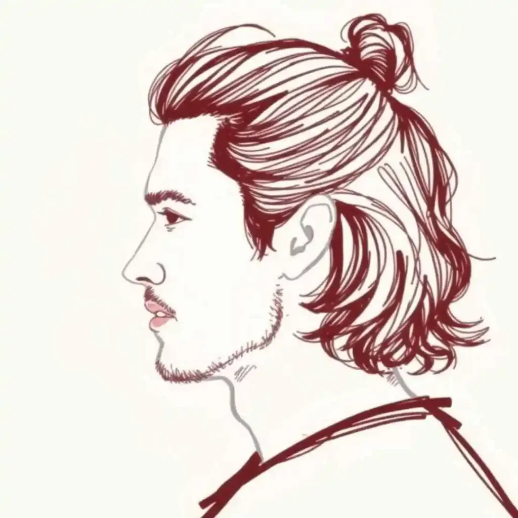 Long Hair Styling for Men.. Creative Hairstyles And Ideas 4 Side profile of a person showcasing long hair styling for men, with medium-length hair styled in a topknot, outlined in a simple red sketch against a light background.
