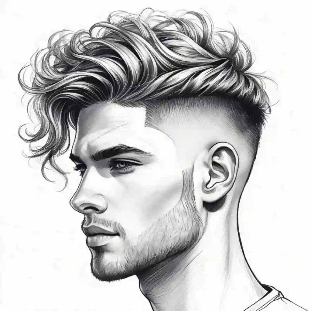 15 Best Wavy Hairstyles for Men 4 A detailed sketch of a person showcasing men wavy hairstyles with voluminous, curly hair and a faded undercut, set against a white background.
