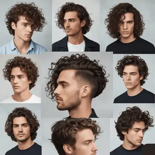 Nine portraits of young men with various curly hairstyles, showcasing different lengths and styles for thick hair for men against a neutral background.
