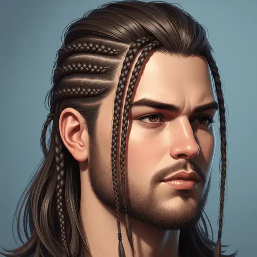 A close-up of a person’s head with intricately braided dark hair, showcasing a mix of long strands and detailed braids, styled as one of the trendy men hairstyles for round face.