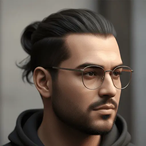 A person with stylish dark hair pulled back in one of the trendy men hairstyles for round face, wearing glasses and dressed in a black hoodie, captured against a softly blurred background.