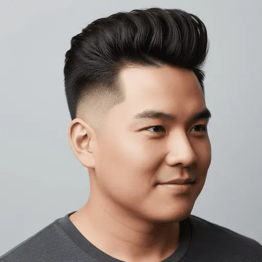 Close-up of a young man with a stylish, voluminous quiff and clean fade, showcasing one of the flattering men hairstyles for round face shapes, wearing a dark gray shirt against a light background.