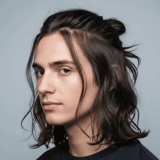 A person with wavy, medium-length brunette hair styled in a half-updo—an example of a trendy men's medium length hairstyle—wearing a dark shirt against a pale blue background.