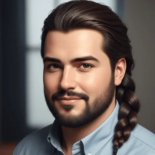 A close-up of a person with long, dark, braided hair styled as one of the men hairstyles for round face, wearing a light blue shirt and set against a muted background.