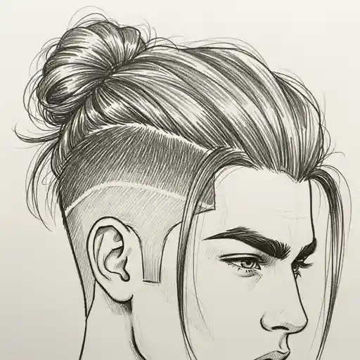 A detailed sketch of a men's medium length hairstyle featuring a high bun and a faded undercut on one side, showcasing intricate line work.
