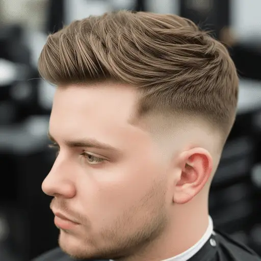 Close-up of a stylish, layered haircut with a neat fade on the sides, showcasing rich brown tones and smooth texture — a great example of men hairstyles for round face.