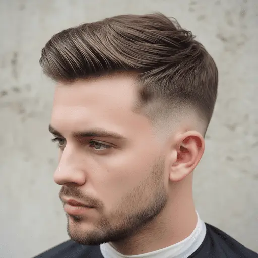 A stylish men's medium length hairstyle featuring voluminous, textured hair on top and a clean fade on the sides, set against a textured wall background.