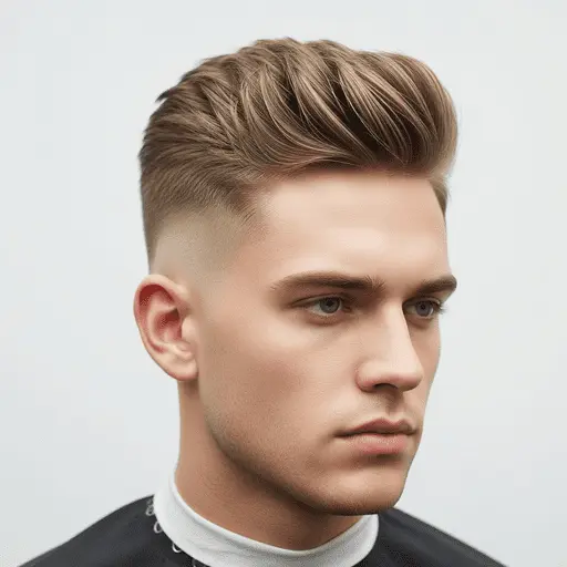 A stylish haircut showcases neatly arranged, voluminous hair on top with a faded side, representing one of the popular men hairstyles for round face, set against a light background.