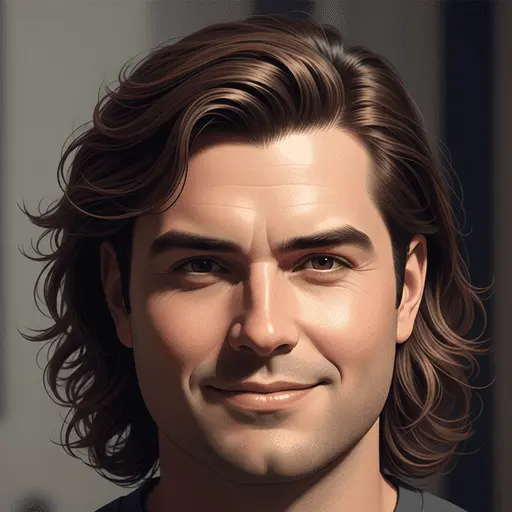 A person with wavy, shoulder-length chestnut hair styled in one of the flattering men hairstyles for round face, dressed in a dark shirt and standing against a softly blurred background.
