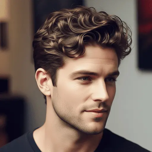 A young person with a stylish, wavy brown hair styled in a men's medium length hairstyle, wearing a black shirt and positioned in a softly lit indoor setting.