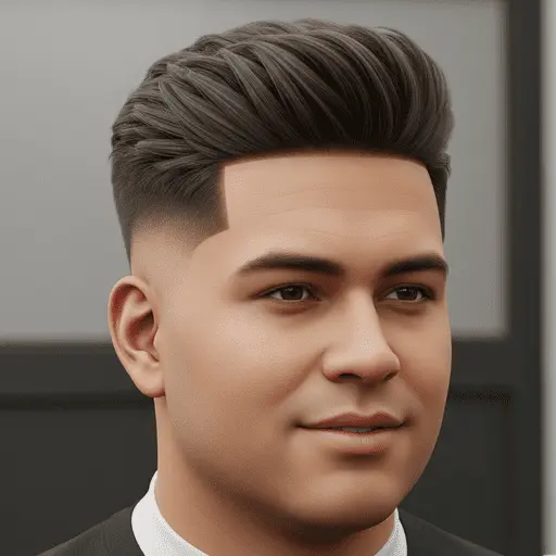 A person with a stylish, layered haircut and a sharp fade, showcasing one of the trendy men hairstyles for round face, dressed in a formal black suit and white shirt, set against a neutral background.