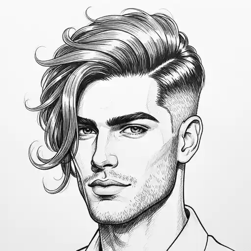 Stylized illustration of a male figure with stylish, wavy hair, wearing a collared shirt and showcasing a modern men's medium length hairstyle.