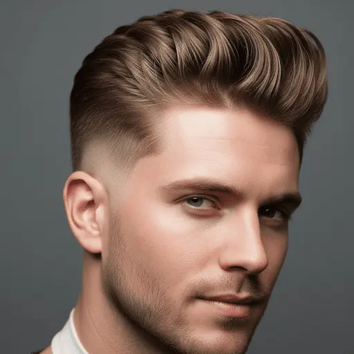 A close-up of a stylish haircut featuring voluminous, textured layers on top with a faded side — a trendy example of men hairstyles for round face — set against a neutral background.