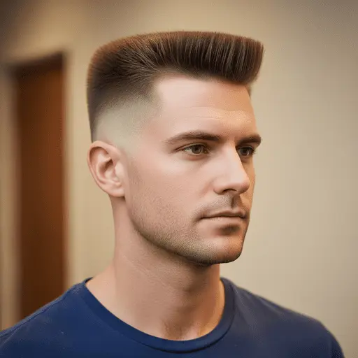 A close-up of a young man with a stylish, high fade haircut blended into a men's medium length hairstyle, wearing a blue shirt against a softly blurred background.