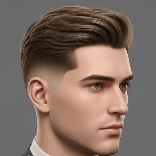 A stylish male haircut showcasing a men's medium length hairstyle with voluminous, wavy brown hair on top, tapered sides, and a neutral gray background.