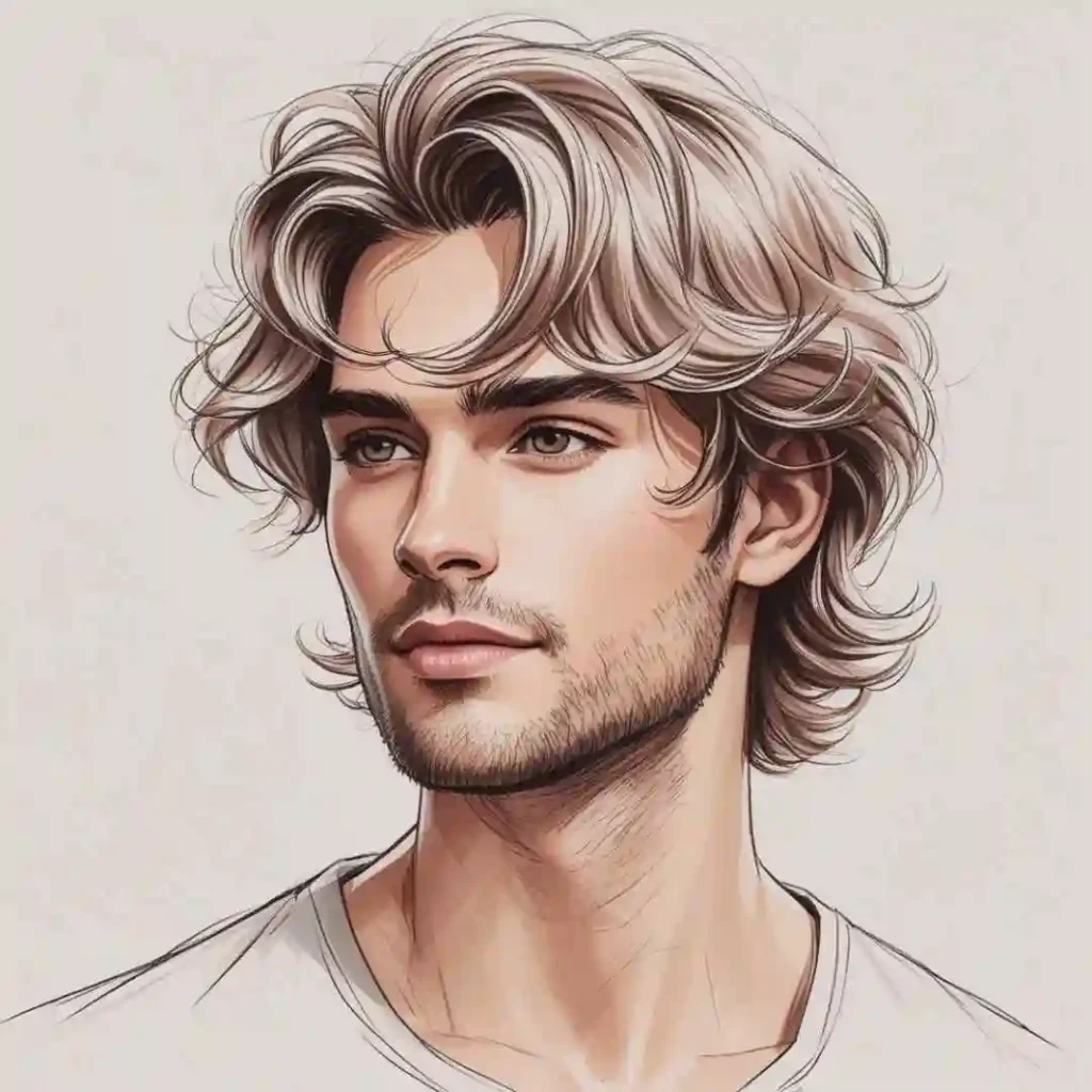 15 Best Wavy Hairstyles for Men 5 A person showcasing men wavy hairstyles with light brown, wavy hair, wearing a simple white t-shirt against a neutral background.