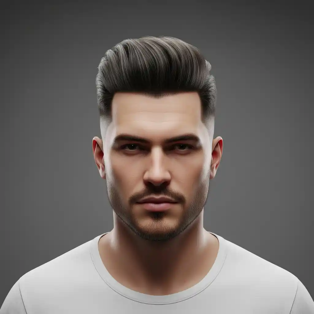 50+ Top Men Hairstyles for Round Face 5 A young man with stylish, slicked-back hair, showcasing one of the trendy men hairstyles for round face, wearing a plain white t-shirt and set against a dark gray background.