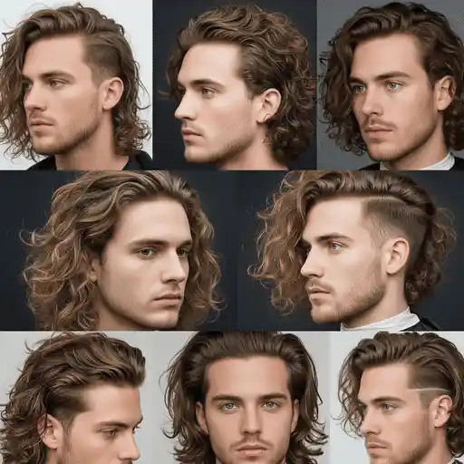 A collage of hairstyles featuring various curly and wavy looks, showcasing different hair lengths and side profiles—highlighting stylish options for thick hair for men.