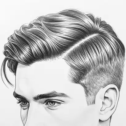 Men’s Medium Length Hairstyle 5 Stylized drawing of a men's medium length hairstyle, featuring voluminous strands on top and a faded undercut, showcasing intricate details and textures.