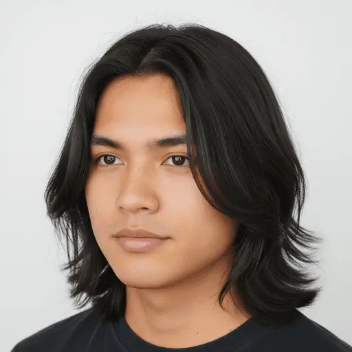 A person with long, dark hair styled in one of the men hairstyles for round face, wearing a black shirt and set against a plain white background.