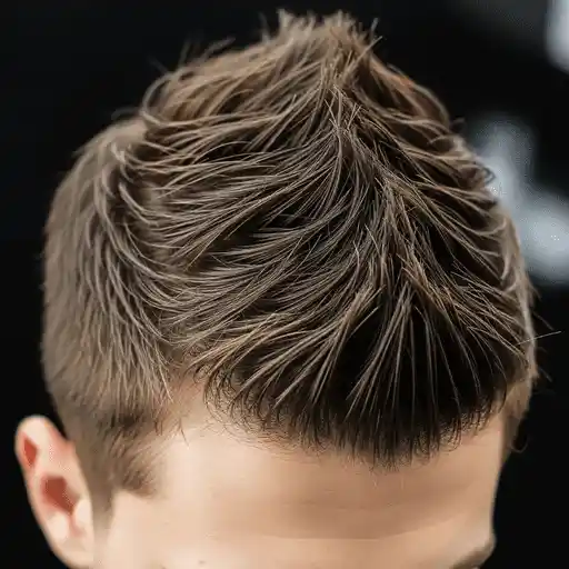 Close-up of a stylishly tousled, textured haircut with a spiky top, showcasing a men's medium length hairstyle in light brown hair against a dark background.