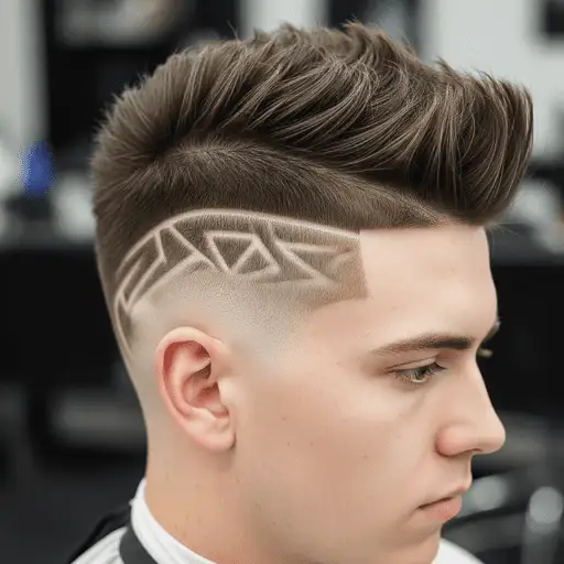A stylish example of men hairstyles for round face, featuring a high fade with an intricate geometric design shaved into the side and voluminous textured hair on top.