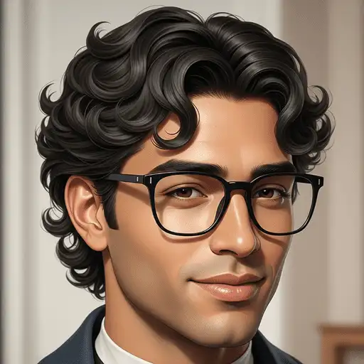 A close-up of a person with curly hair wearing a black jacket and a white shirt against a soft-focus indoor background, showcasing a Men's medium length hairstyle.
